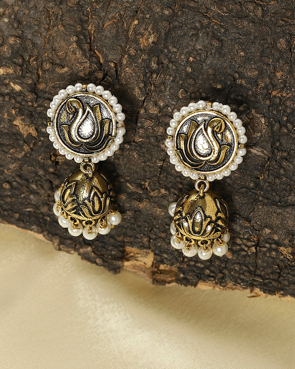 Women's Apsara Antique Inspired Peacock Motif Brass Gold Plated Jhumka Earrings - Voylla