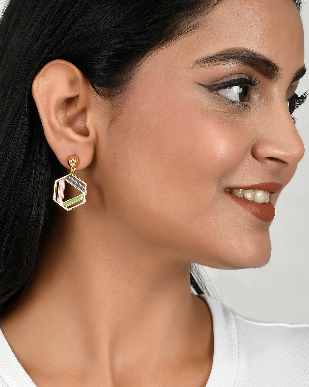 Women's Benzene Enamelled Hexagon Drop Earrings - Voylla