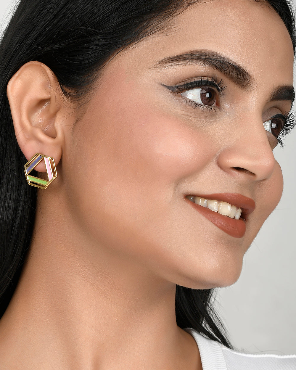 Women's Benzene Gold Plated Enamelled Stud Earrings - Voylla