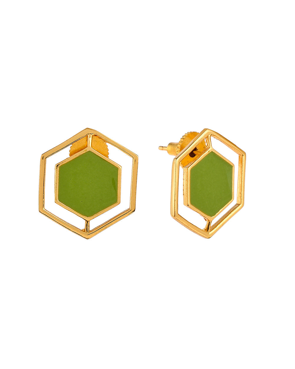 Women's Benzene Green Enamel Hexagon Stud Earrings - Voylla