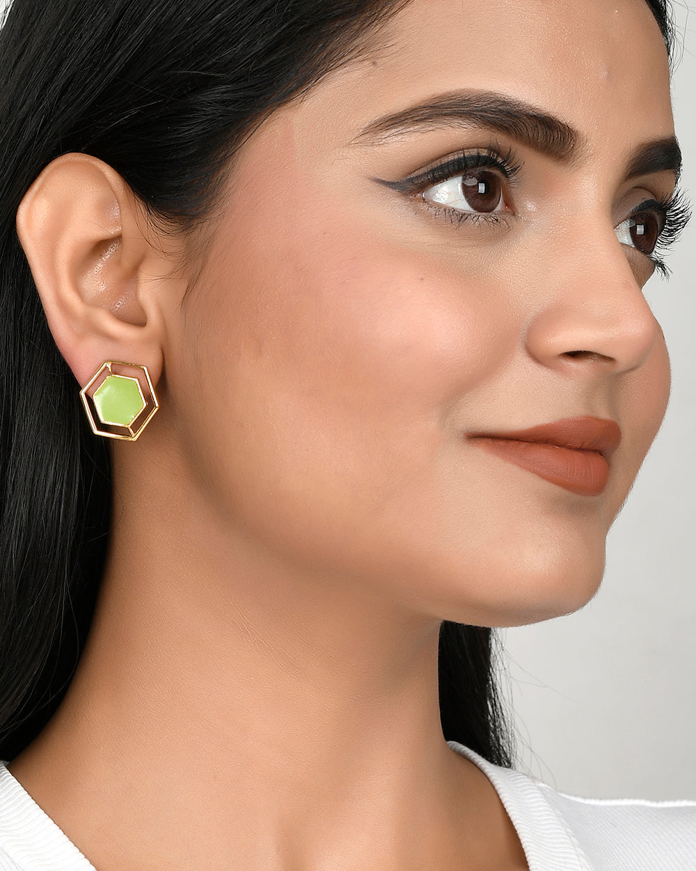 Women's Benzene Green Enamel Hexagon Stud Earrings - Voylla