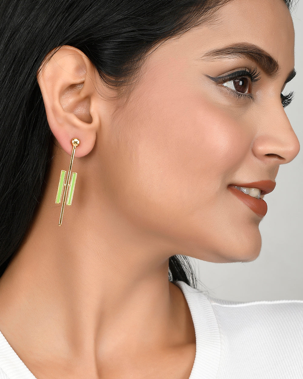 Women's Benzene Green Enamel Long Drop Earrings - Voylla