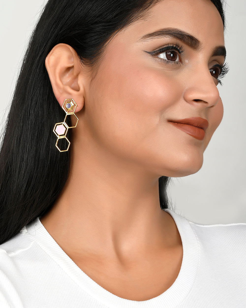 Women's Benzene Gold Plated Hexagon Drop Earrings - Voylla