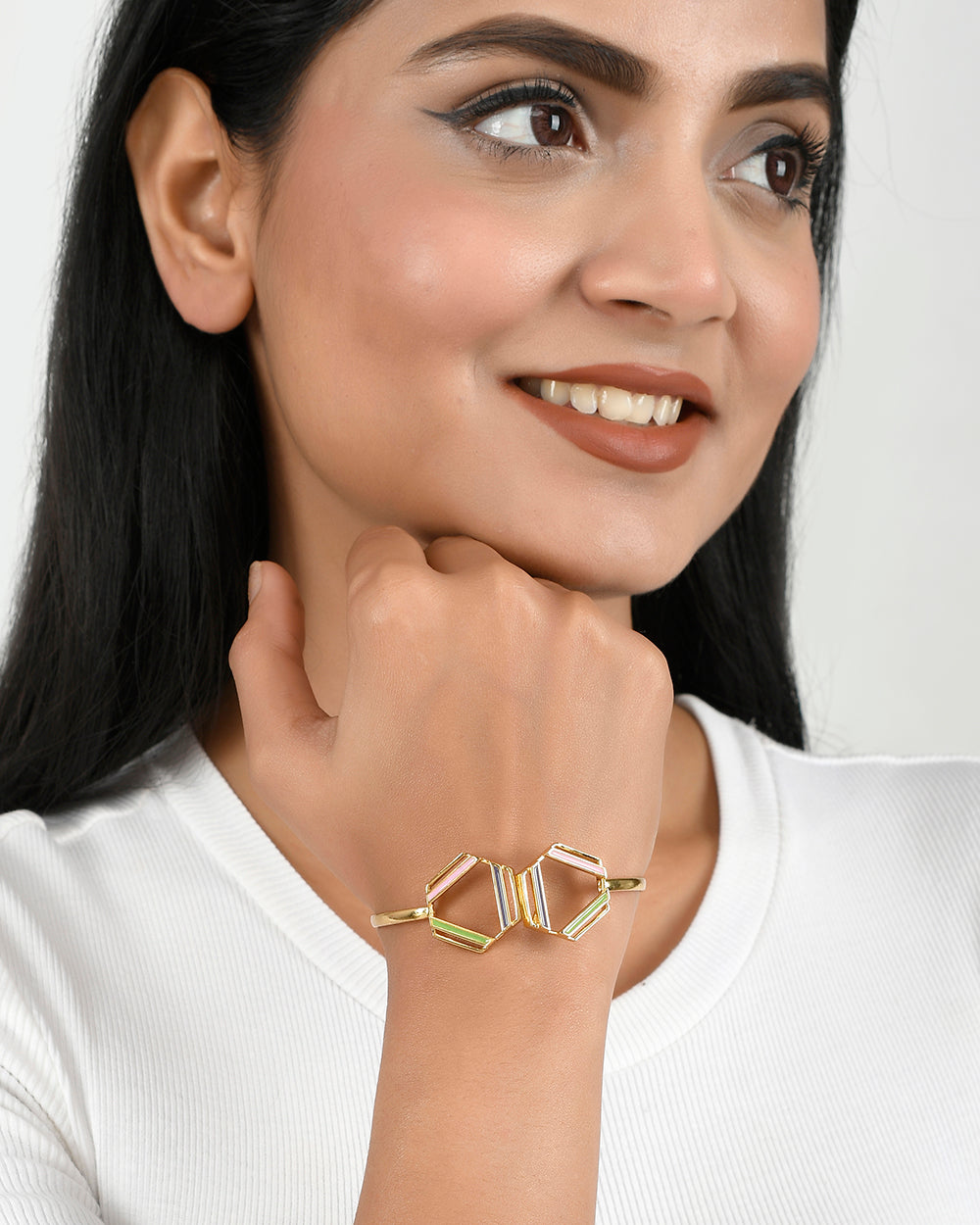 Women's Benzene Geometric Enamelled Cuff Bracelet - Voylla