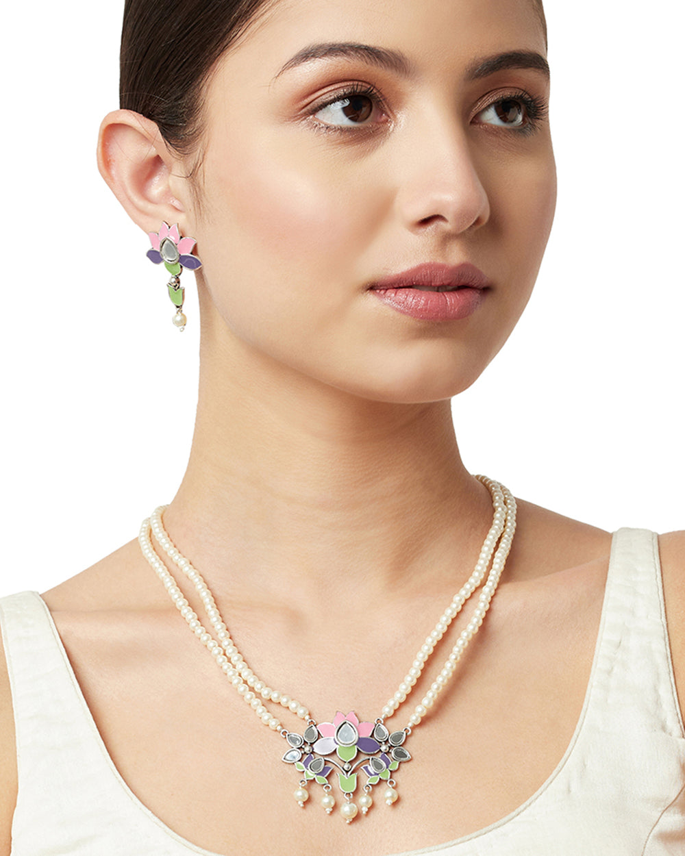Women's Festive Hues Mirror And Enamel Details Silver Oxidised Pearls Jewellery Set - Voylla