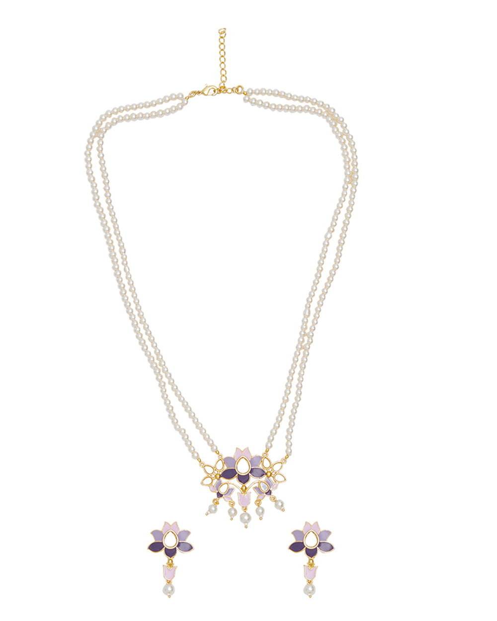 Women's Festive Hues Enamelled Mirror Details Brass Faux Pearls Gold Toned Jewellery Set - Voylla
