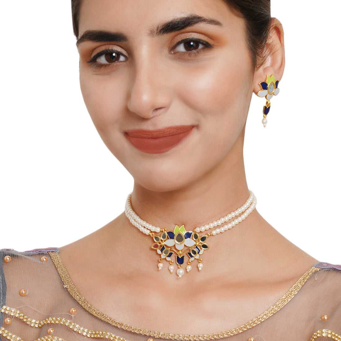 Women's Festive Hues Pearls Adorned Gold Plated Jewellery Set - Voylla