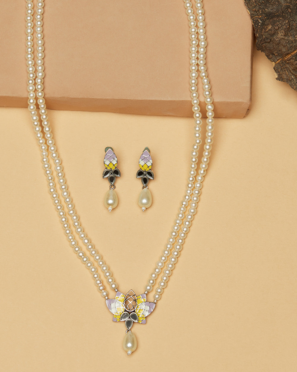 Women's Festive Hues Filigree Faux Pearls Adorned Silver Oxidised Jewellery Set - Voylla