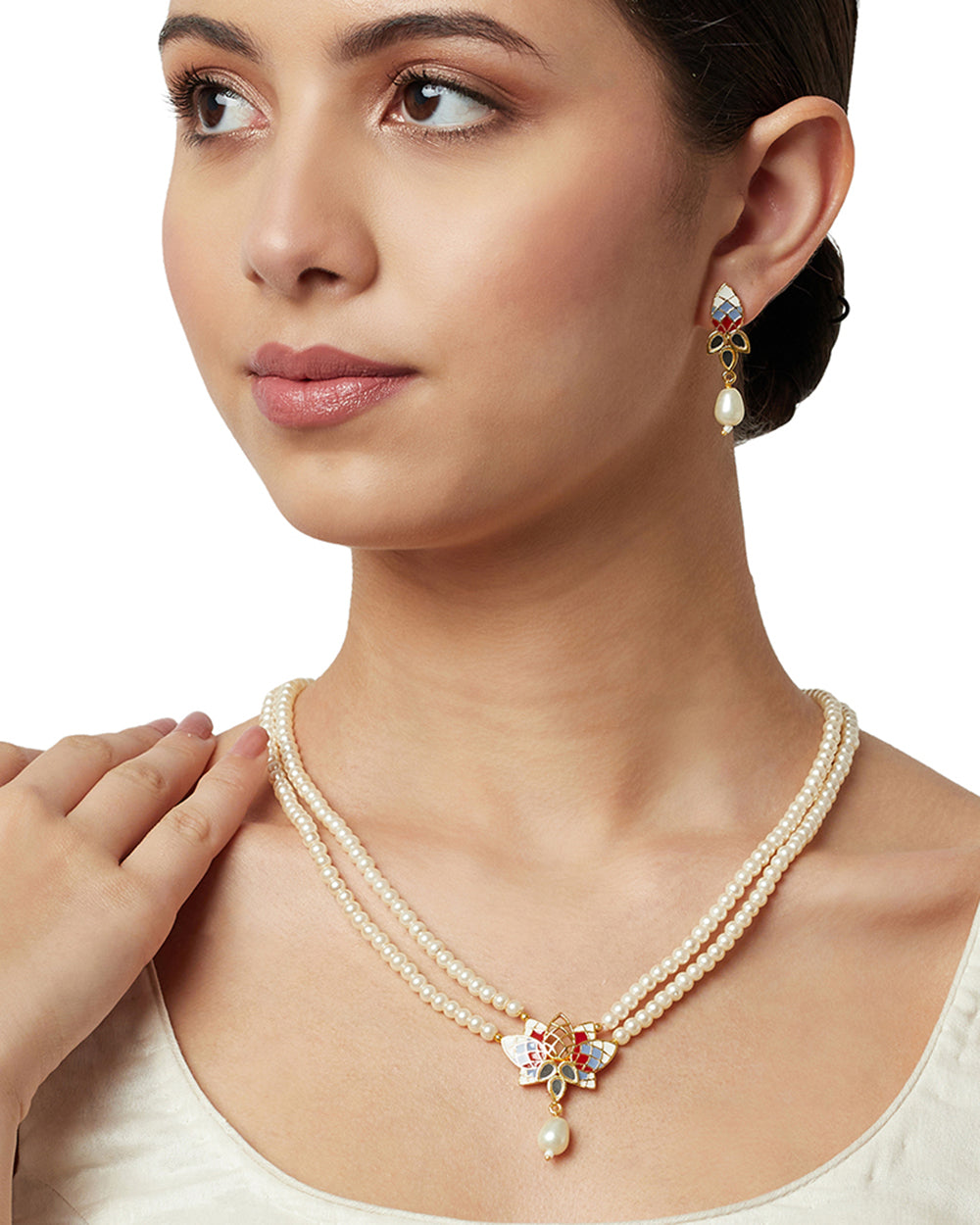Women's Festive Hues Gold Plated Filigree Faux Pearls Adorned Jewellery Set - Voylla