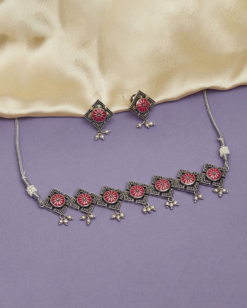 Women's Festive Hues Oxidised Silver Jewellery Set - Voylla