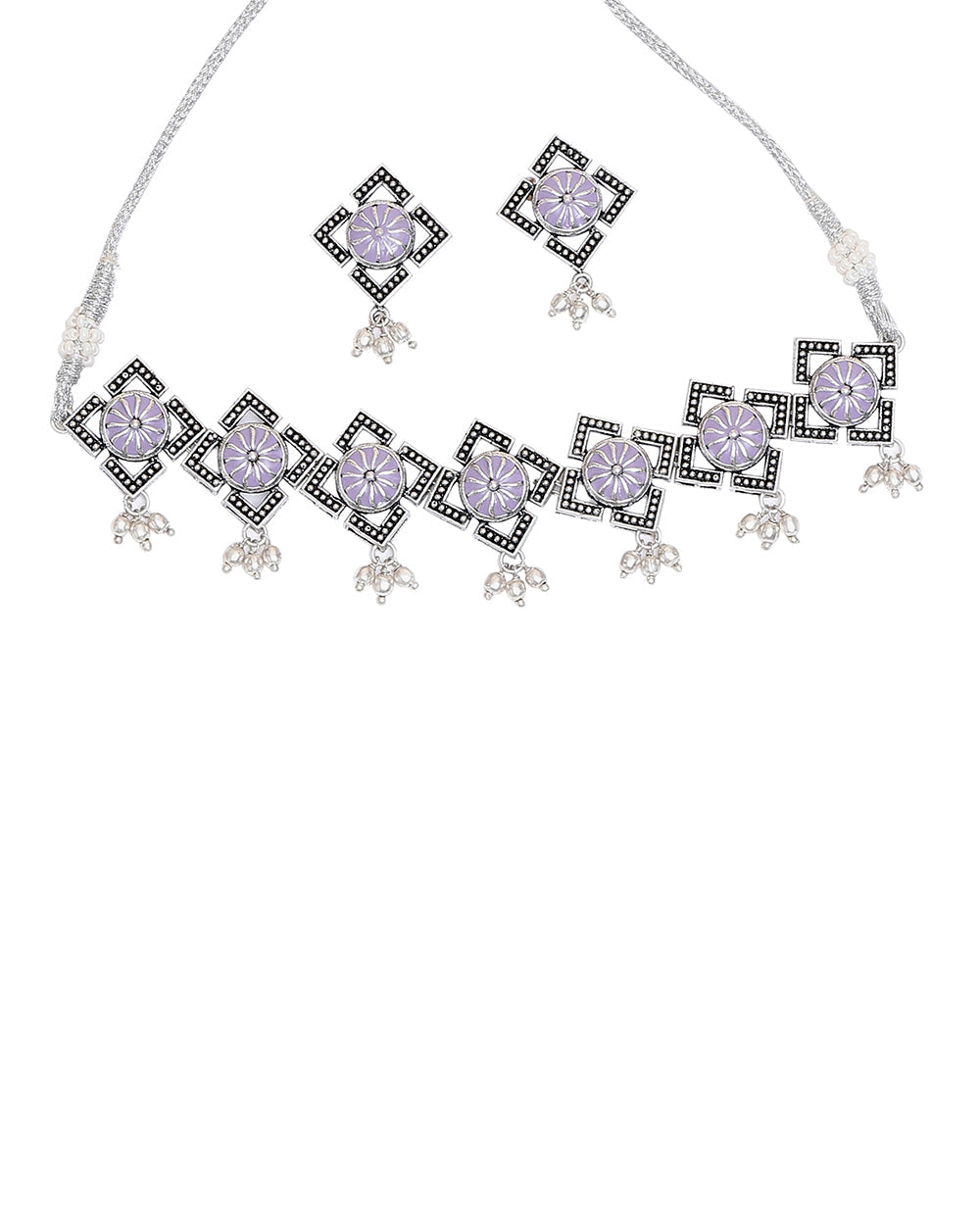 Women's Festive Hues Light-Purple Oxidised Necklace Choker Set - Voylla