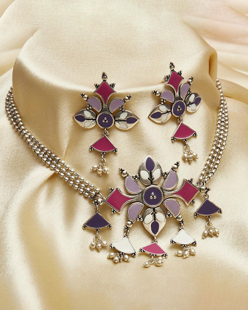Women's Festive Hues Colourful Silver Toned Jewellery Set - Voylla