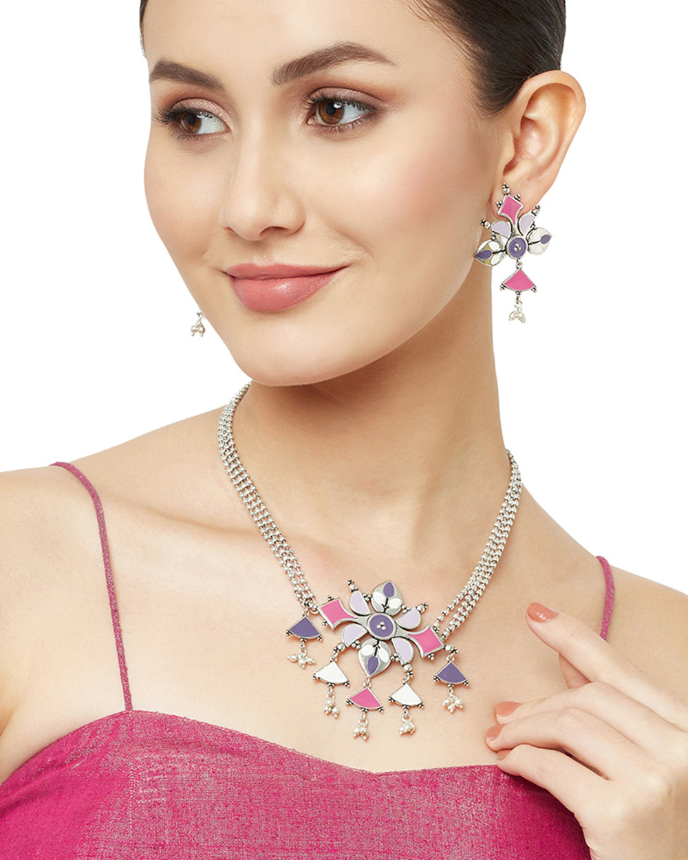 Women's Festive Hues Colourful Silver Toned Jewellery Set - Voylla