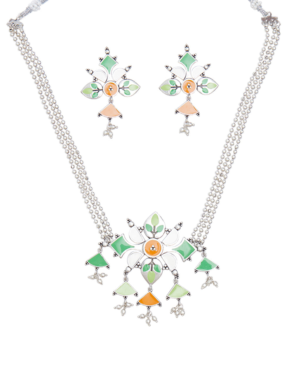 Women's Festive Hues Enamelled Floral Patterns Silver Plated Jewellery Set - Voylla