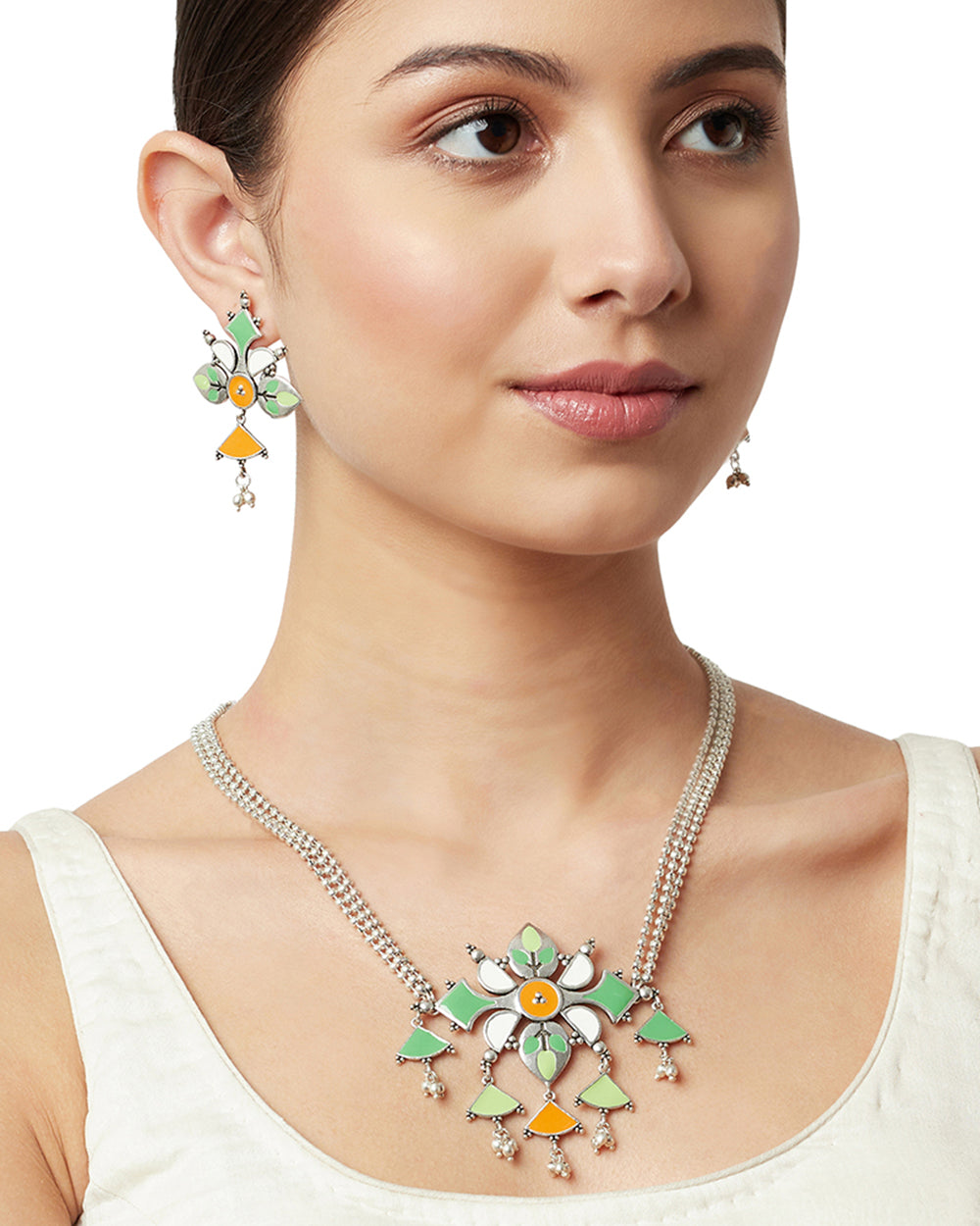 Women's Festive Hues Enamelled Floral Patterns Silver Plated Jewellery Set - Voylla