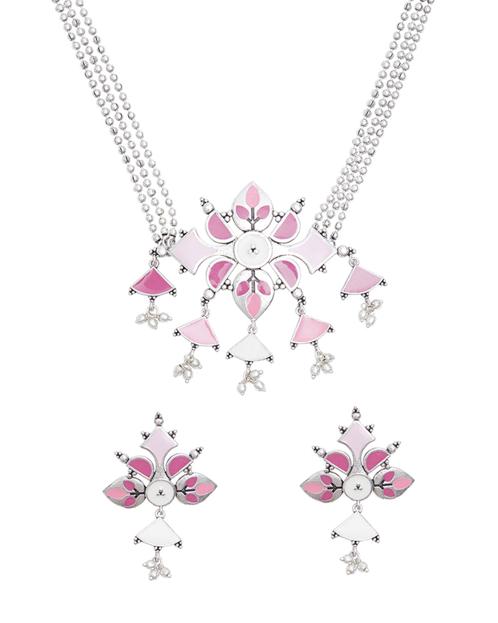 Women's Festive Hues Pink Enamelled Beaded Silver Toned Jewellery Set - Voylla