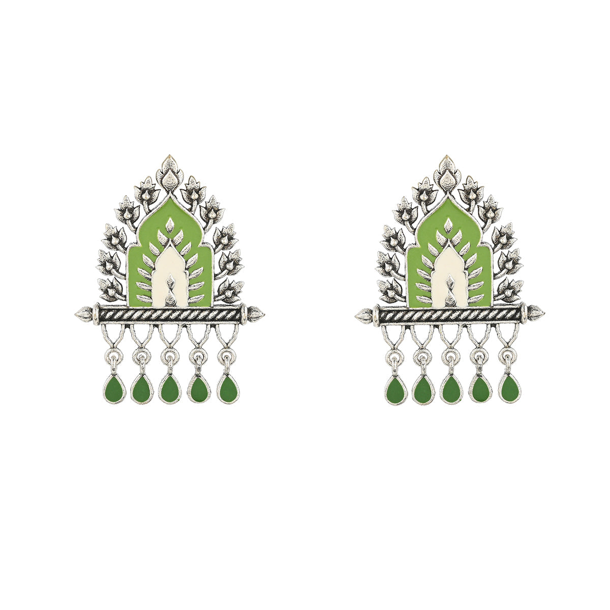Women's Festive Hues Green Gems Adorned Enamelled Silver Plated Jewellery Set - Voylla