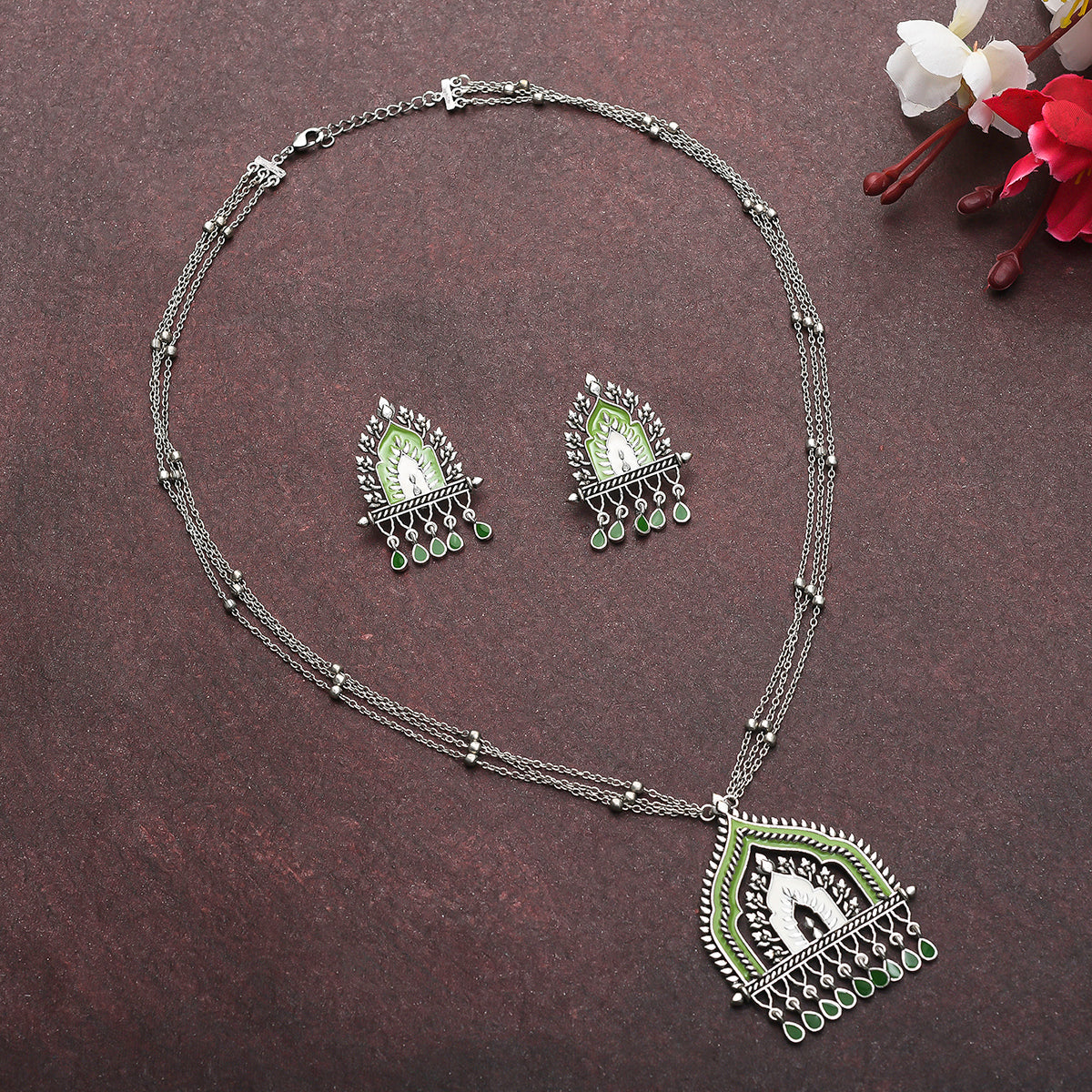 Women's Festive Hues Green Gems Adorned Enamelled Silver Plated Jewellery Set - Voylla
