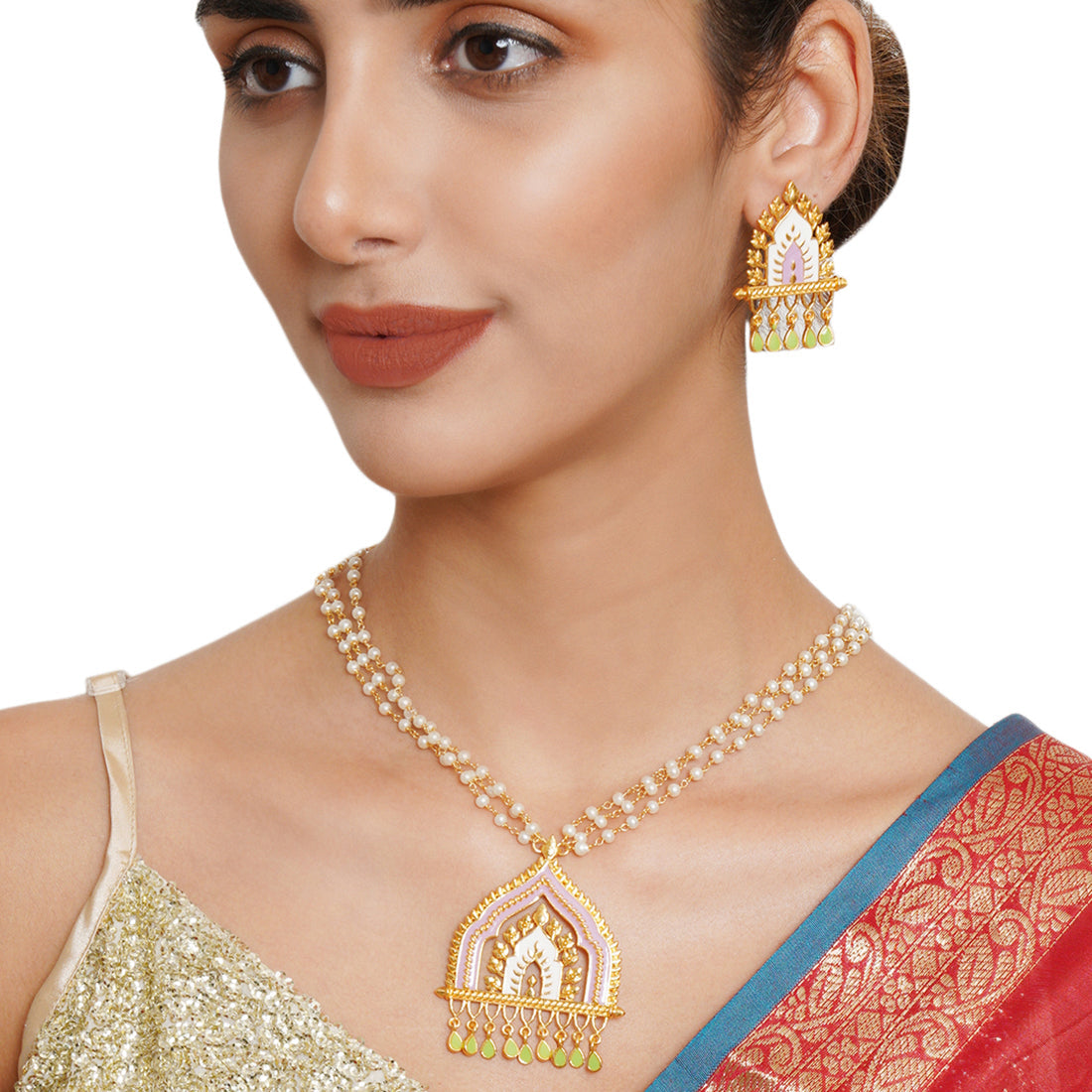 Women's Festive Hues Pearls Adorned Gold Plated Temple Jewellery Set - Voylla