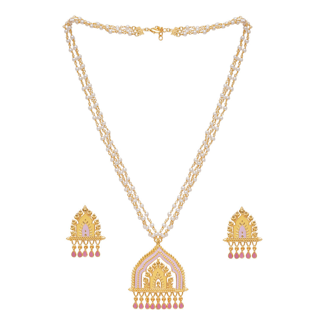 Women's Festive Hues Ethnic Enamelled Faux Pearls Gold Toned Jewellery Set - Voylla