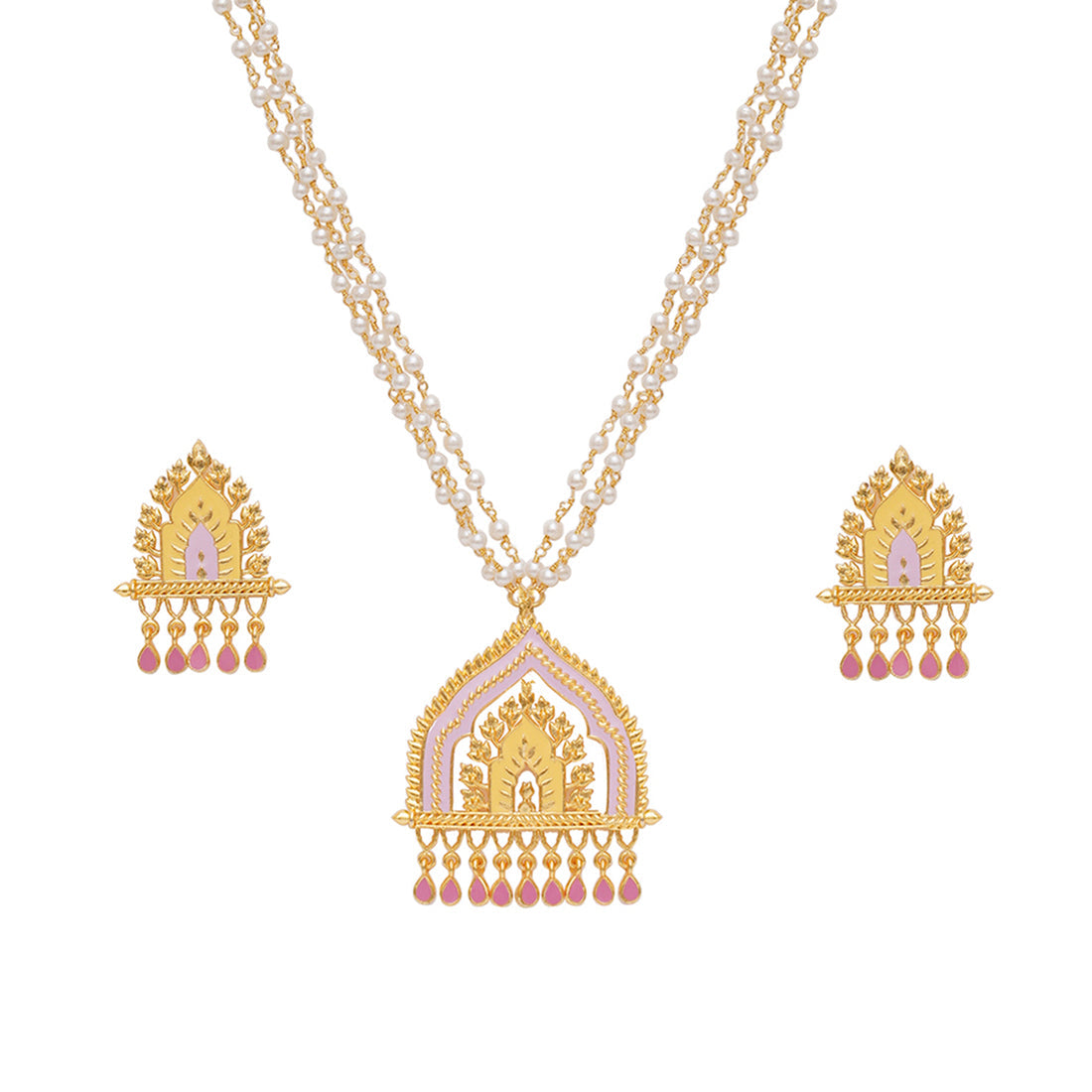 Women's Festive Hues Ethnic Enamelled Faux Pearls Gold Toned Jewellery Set - Voylla