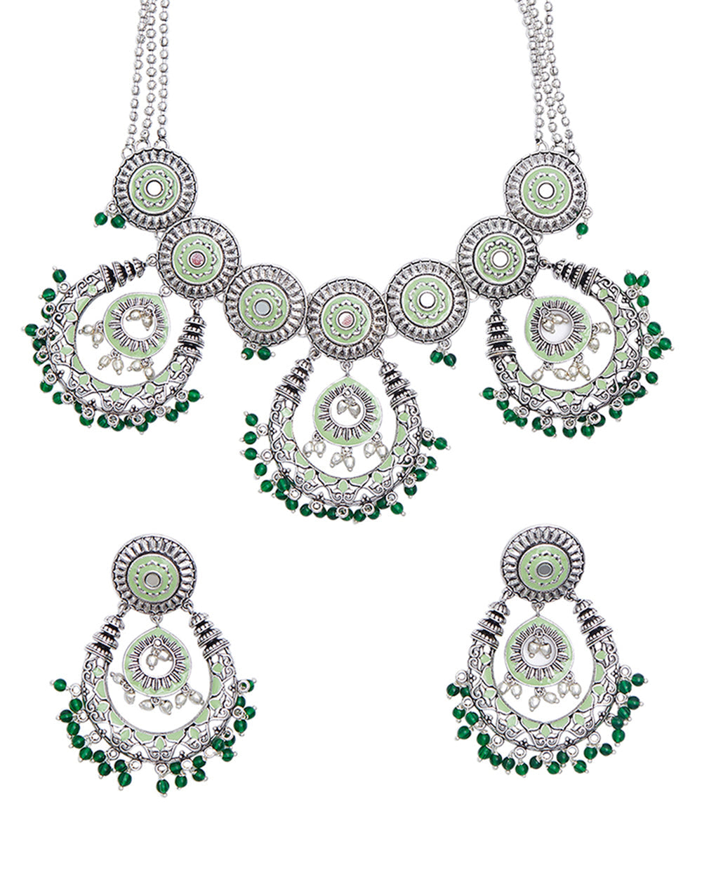 Women's Festive Hues Green Enamel Faux Pearls Adorned Silver Plated Jewellery Set - Voylla
