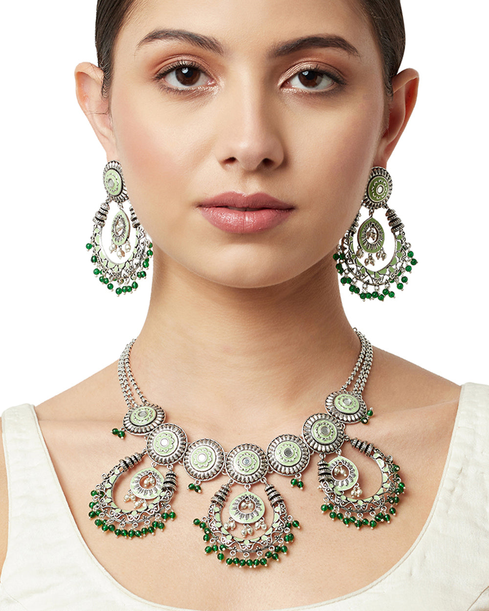 Women's Festive Hues Green Enamel Faux Pearls Adorned Silver Plated Jewellery Set - Voylla