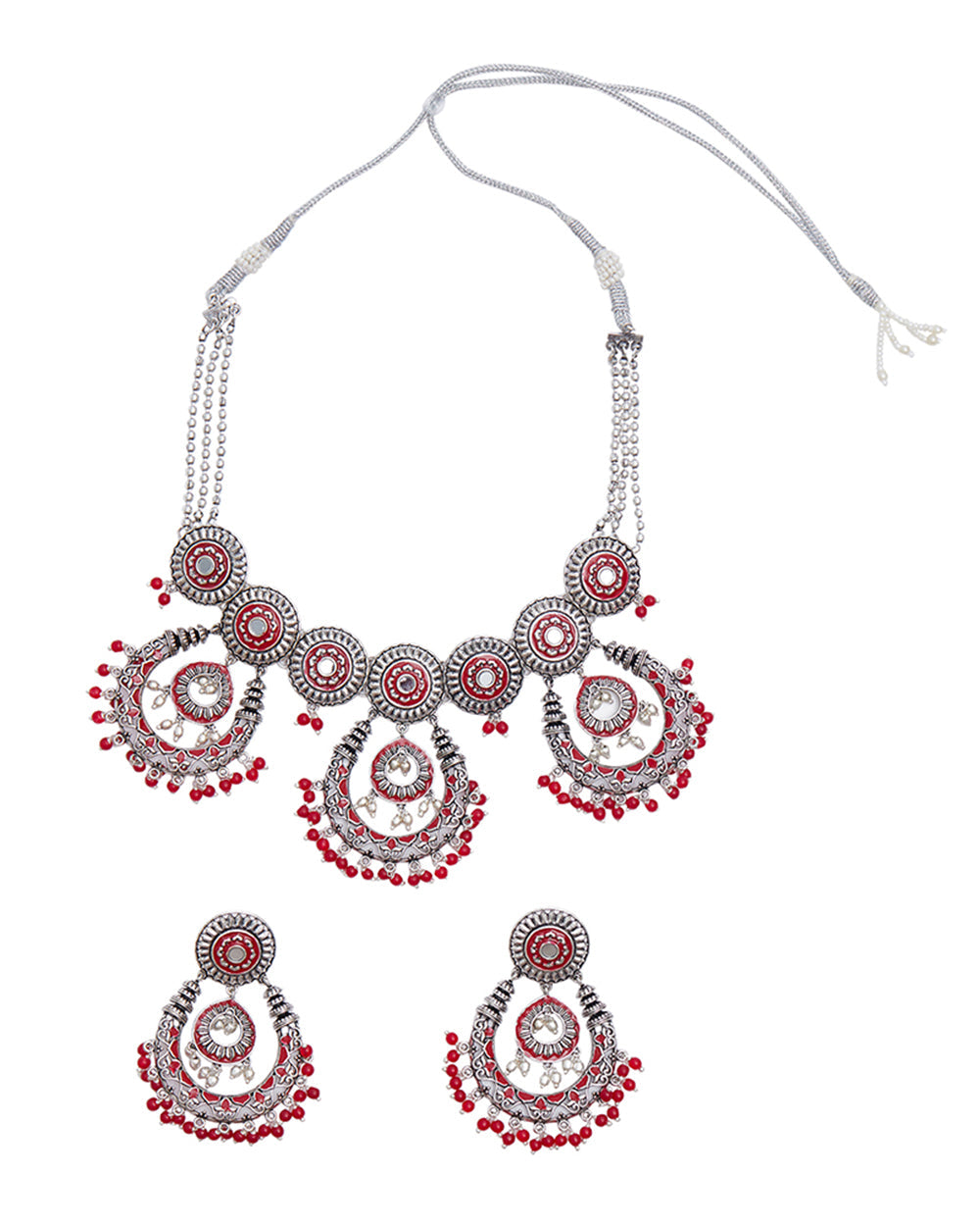 Women's Festive Hues Enamelled Faux Pearls Adorned Silver Oxidised Jewellery Set - Voylla