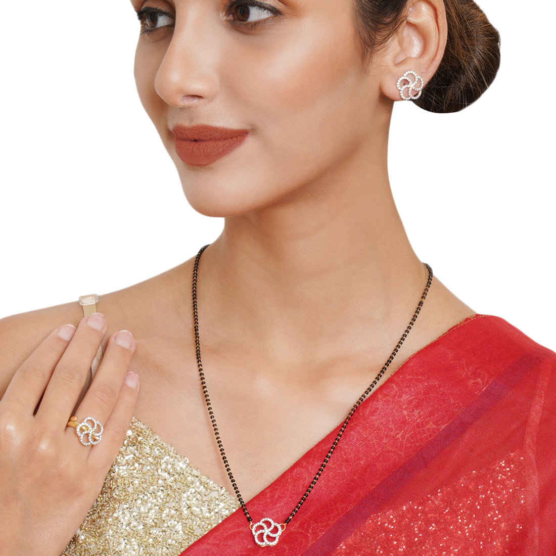Women's Cubic Zirconia Studded Ethnic Mangalsutra, Earrings And Ring Set - Voylla