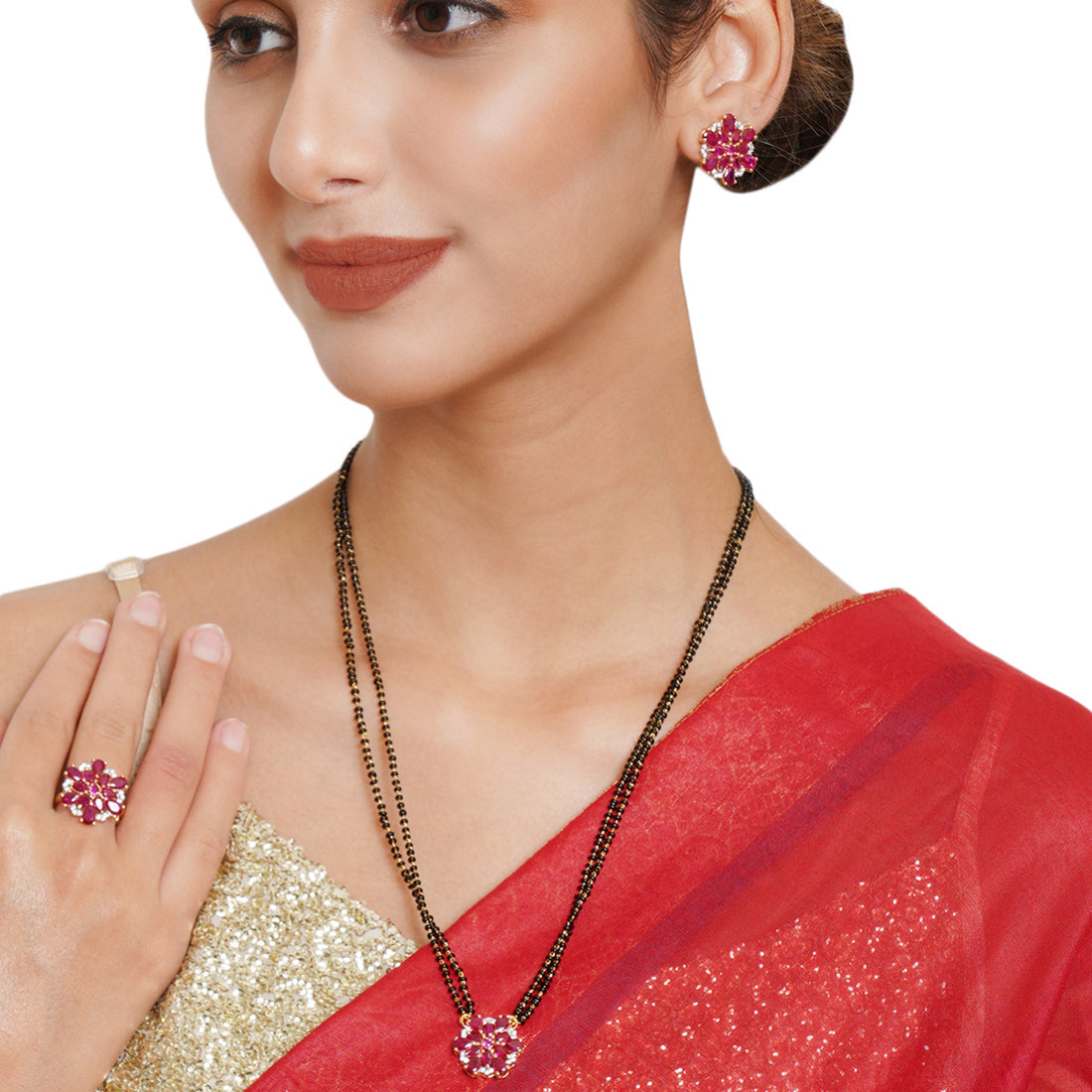 Women's Black & Gold-Toned Stone-Studded Mangalsutra, Earrings And Ring Set - Voylla