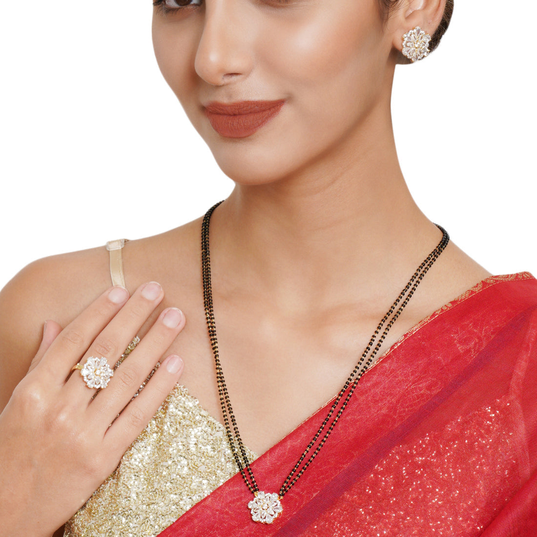 Women's Black & Gold-Toned Cubic Zirconia Studded Mangalsutra, Earrings And Ring Set - Voylla
