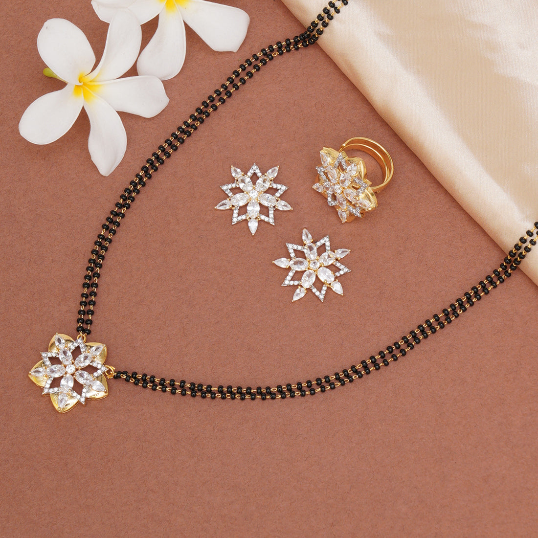 Women's Sparkling Mangalsutra Necklace Set With Starry Floral Motifs - Voylla