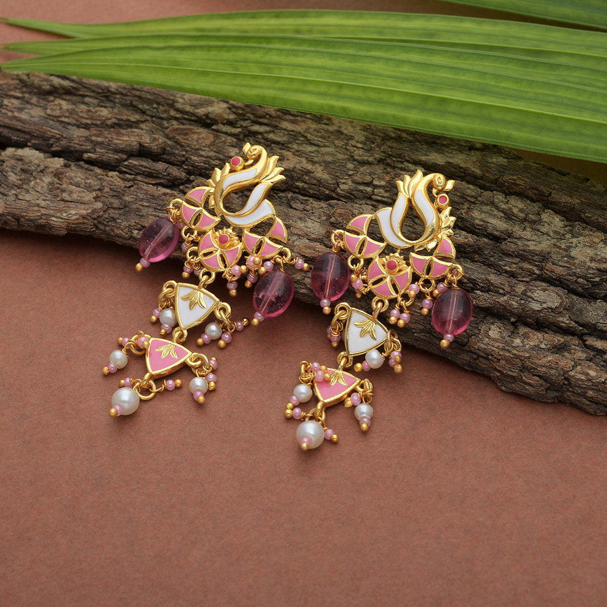 Women's Shwet Kamal Faux Pearls Peacock Motif Gold Plated Drop Earrings - Voylla