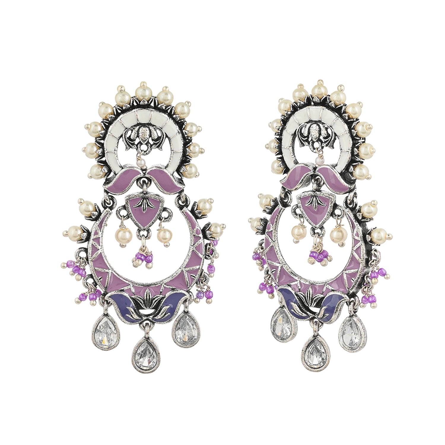 Women's Shwet Kamal Floral Motifs Faux Pearls And Kundan Adorned Silver Plated Earrings - Voylla