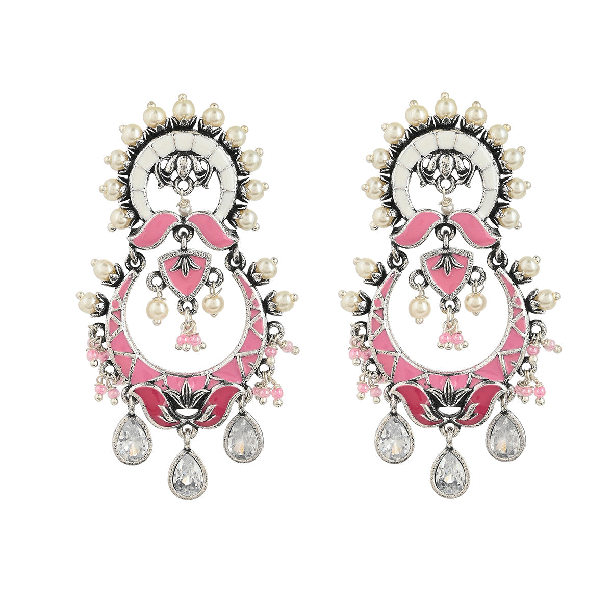 Women's Shwet Kamal Pink Enamel Faux Kundan Oxidised Silver Plated Earrings - Voylla
