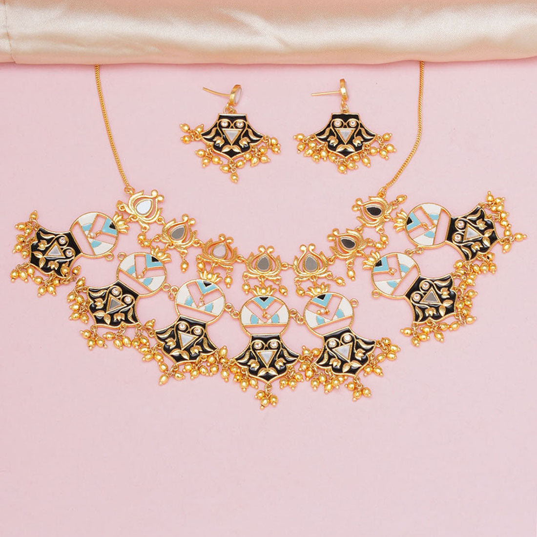 Women's Festive Hues Enamelled Mirror Work Gold Plated Jewellery Set - Voylla
