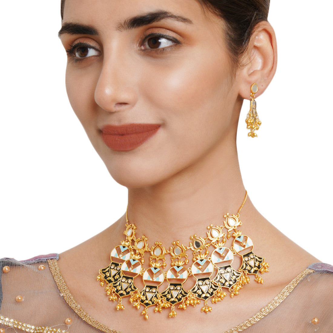 Women's Festive Hues Enamelled Mirror Work Gold Plated Jewellery Set - Voylla