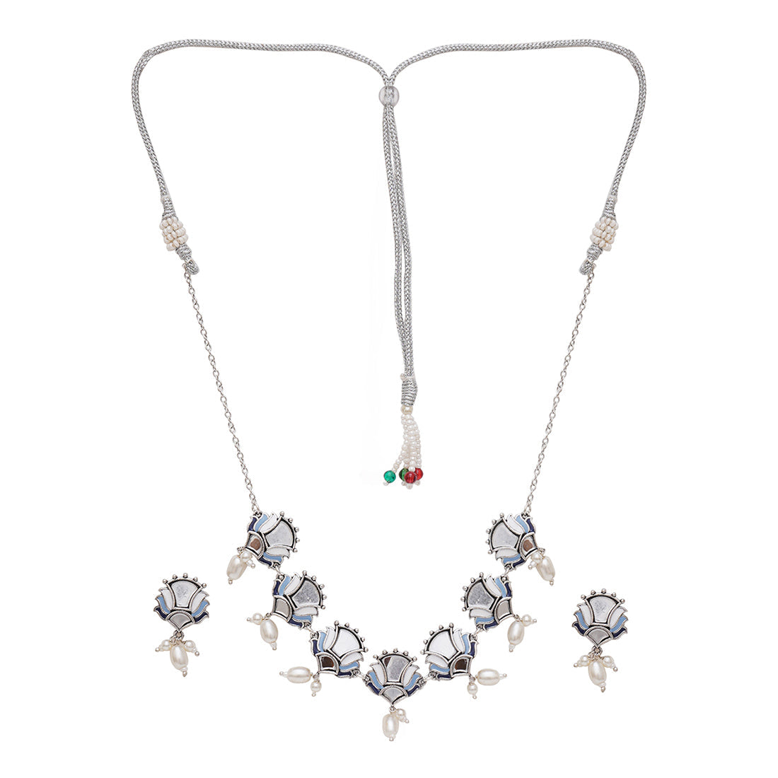 Women's Festive Hues Mirror Details Floral Silver Plated Brass Jewellery Set - Voylla