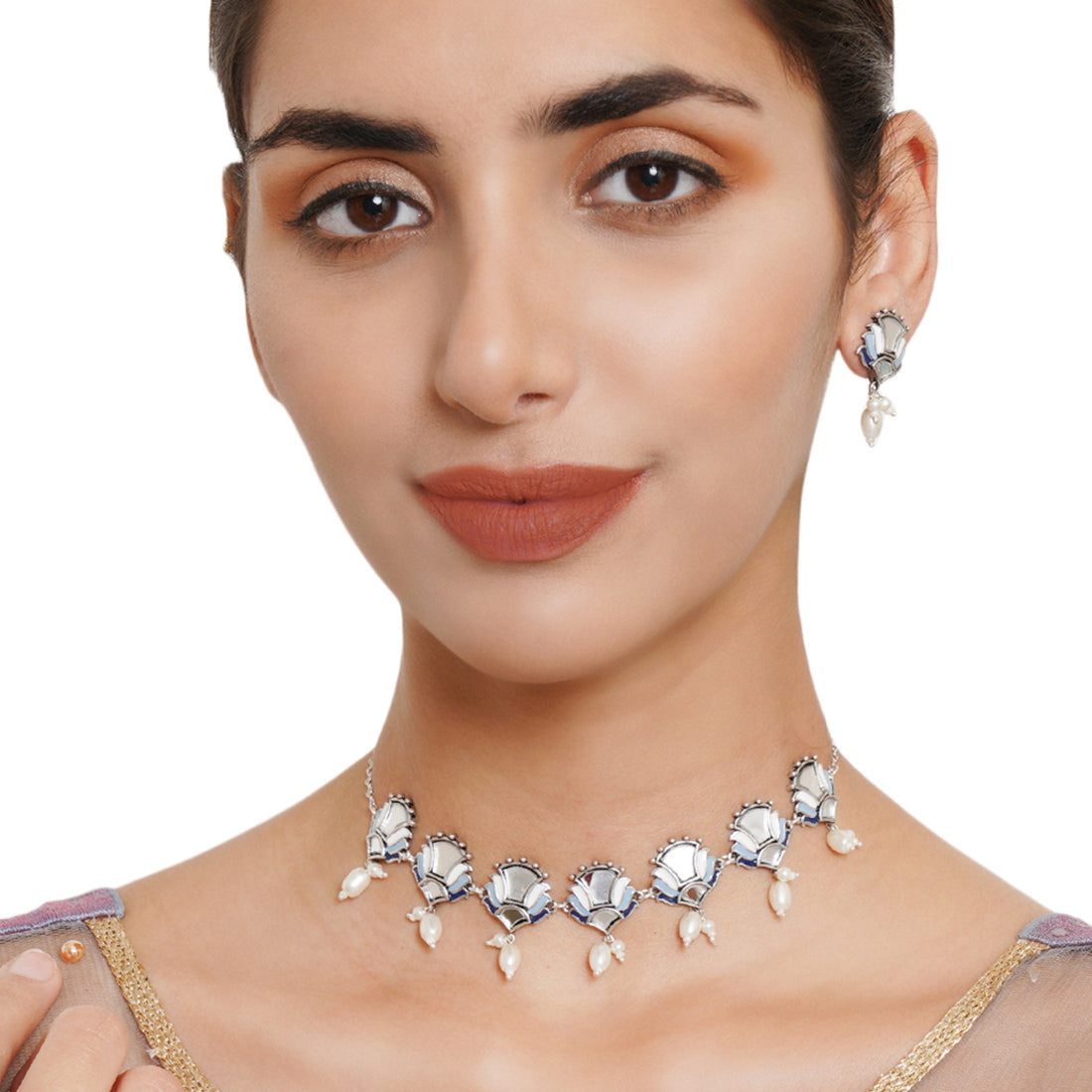 Women's Festive Hues Mirror Details Floral Silver Plated Brass Jewellery Set - Voylla