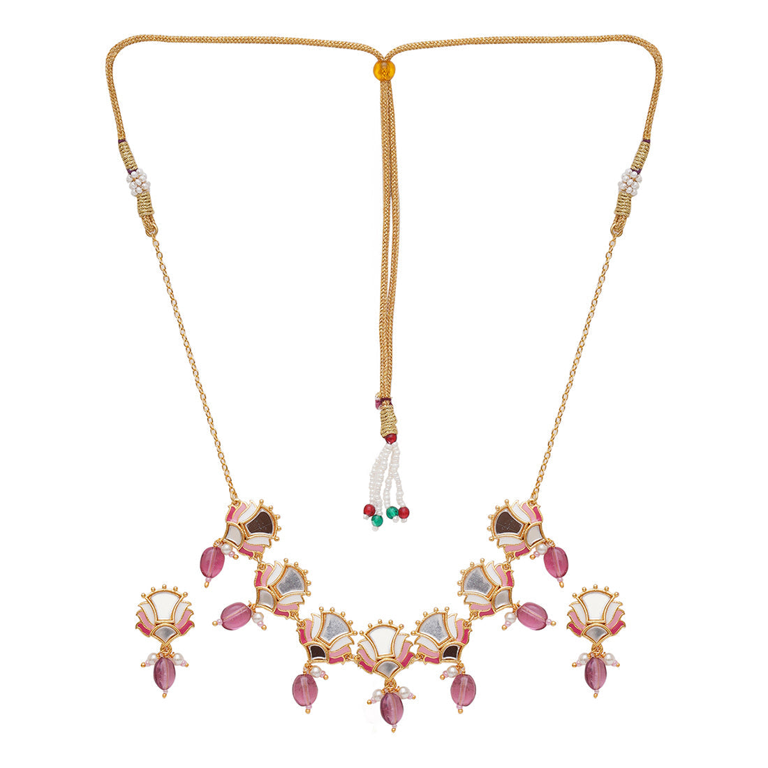 Women's Festive Hues Floral Mirror Work Brass Gold Plated Jewellery Set - Voylla