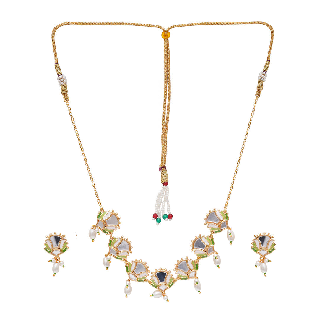 Women's Festive Hues Floral Motifs Gold Plated Brass Mirrored Jewellery Set - Voylla