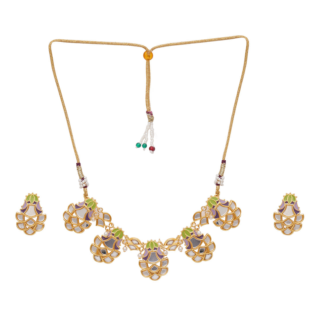 Women's Festive Hues Enamelled Mirror Details Gold Plated Choker Jewellery Set - Voylla