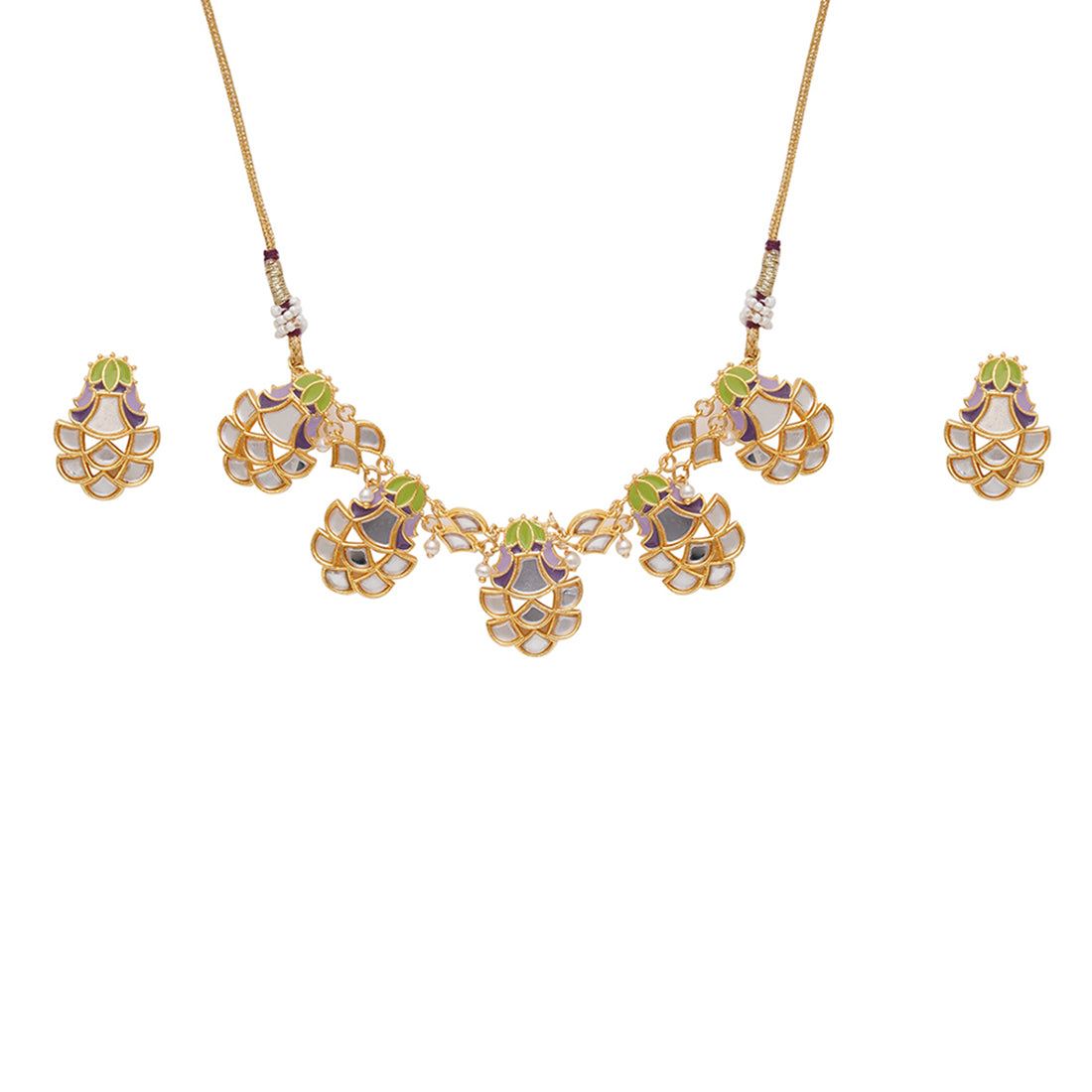 Women's Festive Hues Enamelled Mirror Details Gold Plated Choker Jewellery Set - Voylla