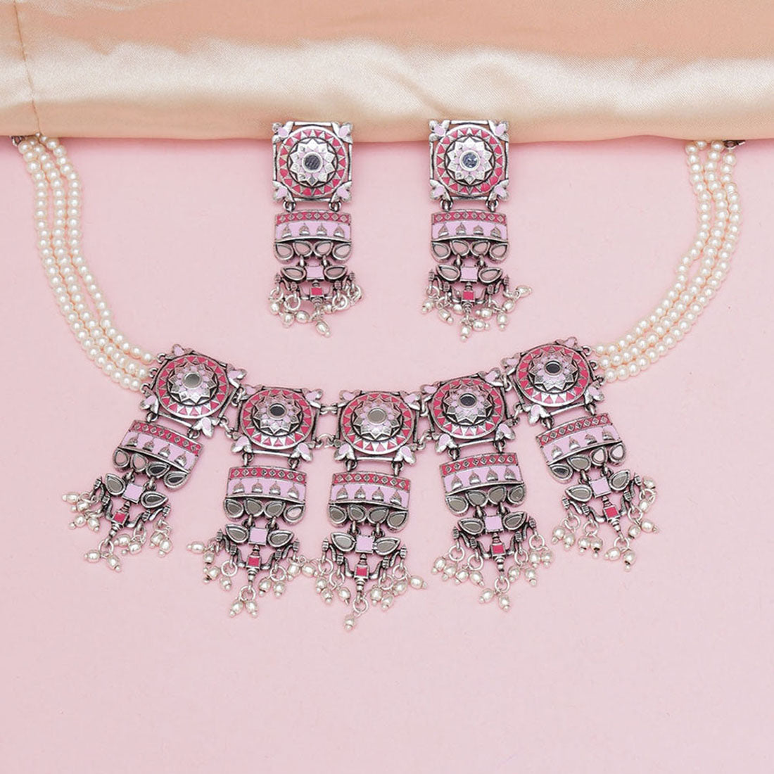 Women's Festive Hues Pink Enamel Faux Pearls Brass Silver Plated Jewellery Set - Voylla