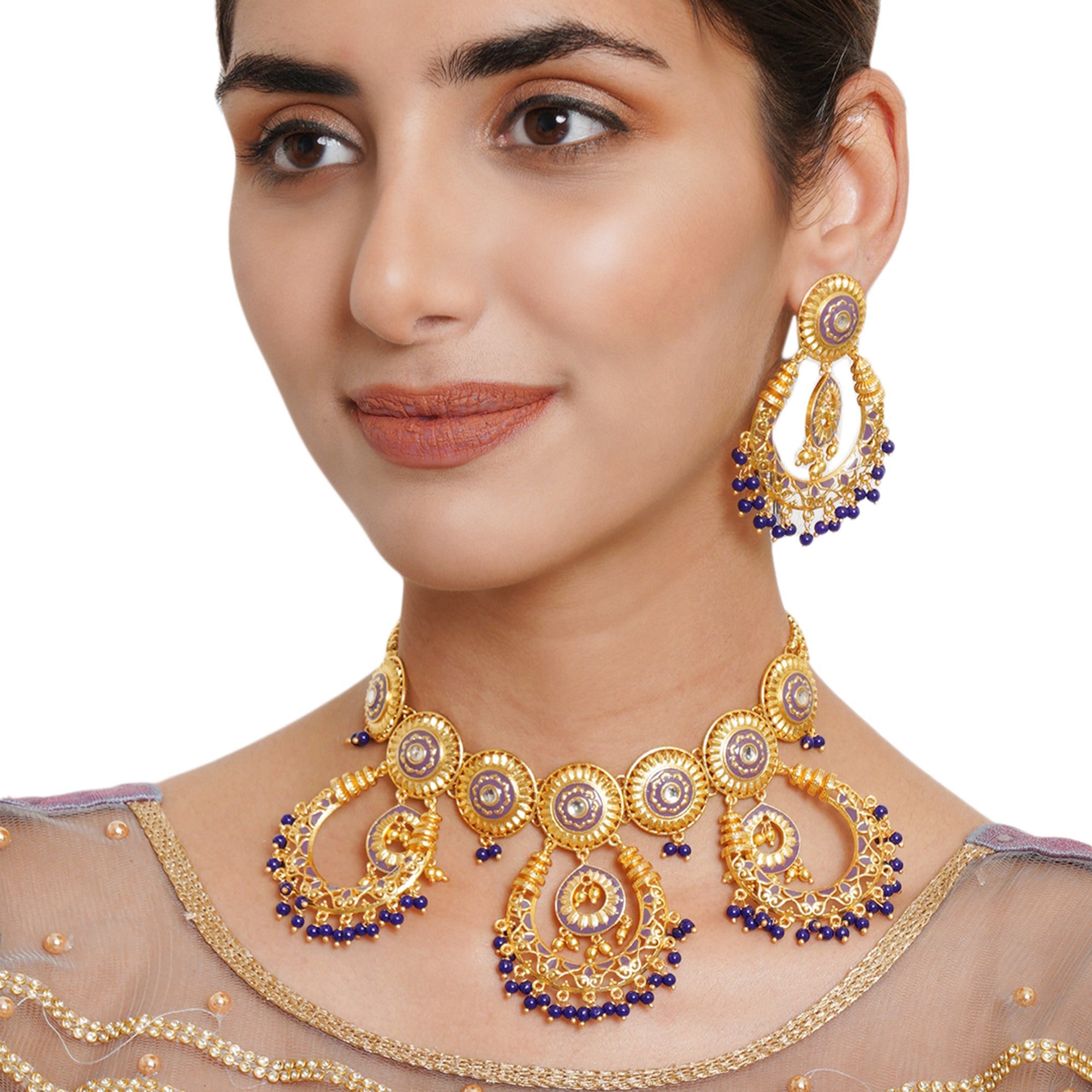 Women's Festive Hues Purple Enamel And Stones Gold Plated Brass Jewellery Set - Voylla
