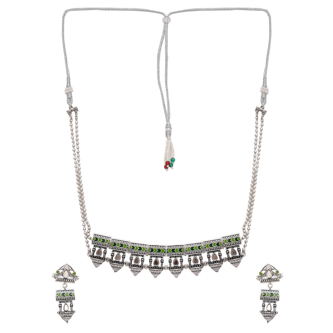 Women's Festive Hues Temple Inspired Brass Mirror Work Silver Plated Jewellery Set - Voylla