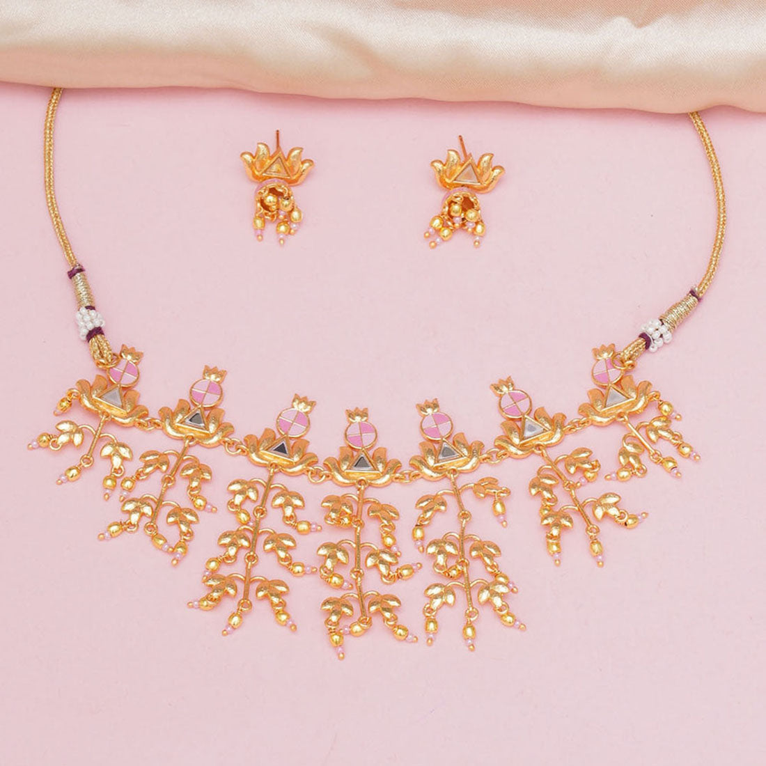 Women's Festive Hues Brass Embellished Long Fusion Pink Necklace Set - Voylla