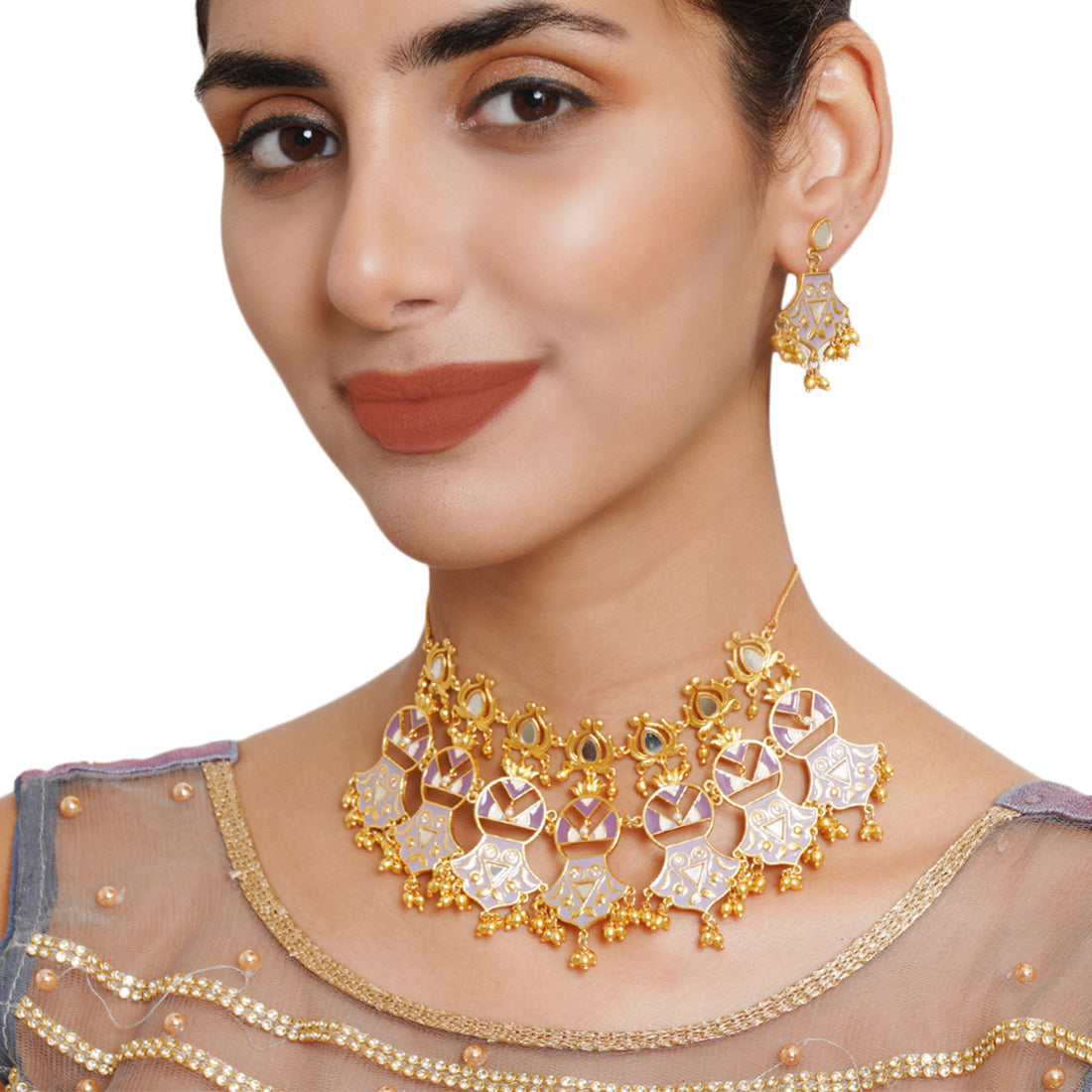 Women's Festive Hues Brass Embellished Necklace Set - Voylla