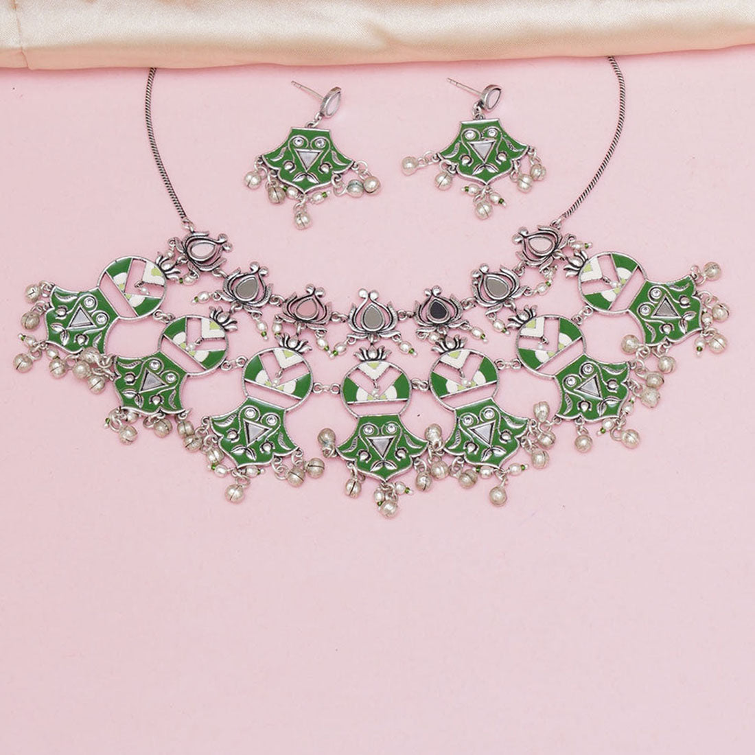 Women's Unique Green Festive Hues Lotus Motif Choker Necklace Set - Voylla