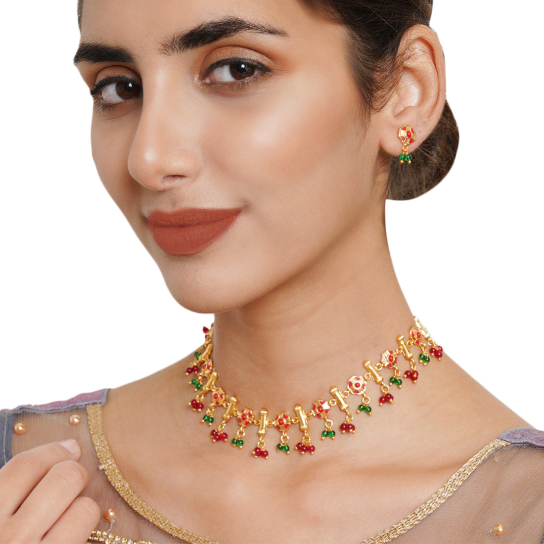 Women's Enamelled And Gold-Plated Festive Hues Red Festive Necklace Set - Voylla